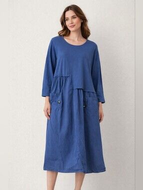 Diverse Averie 100% Cotton Relaxed Blue Midi Dress Patch Pocket MadeinItaly Larg